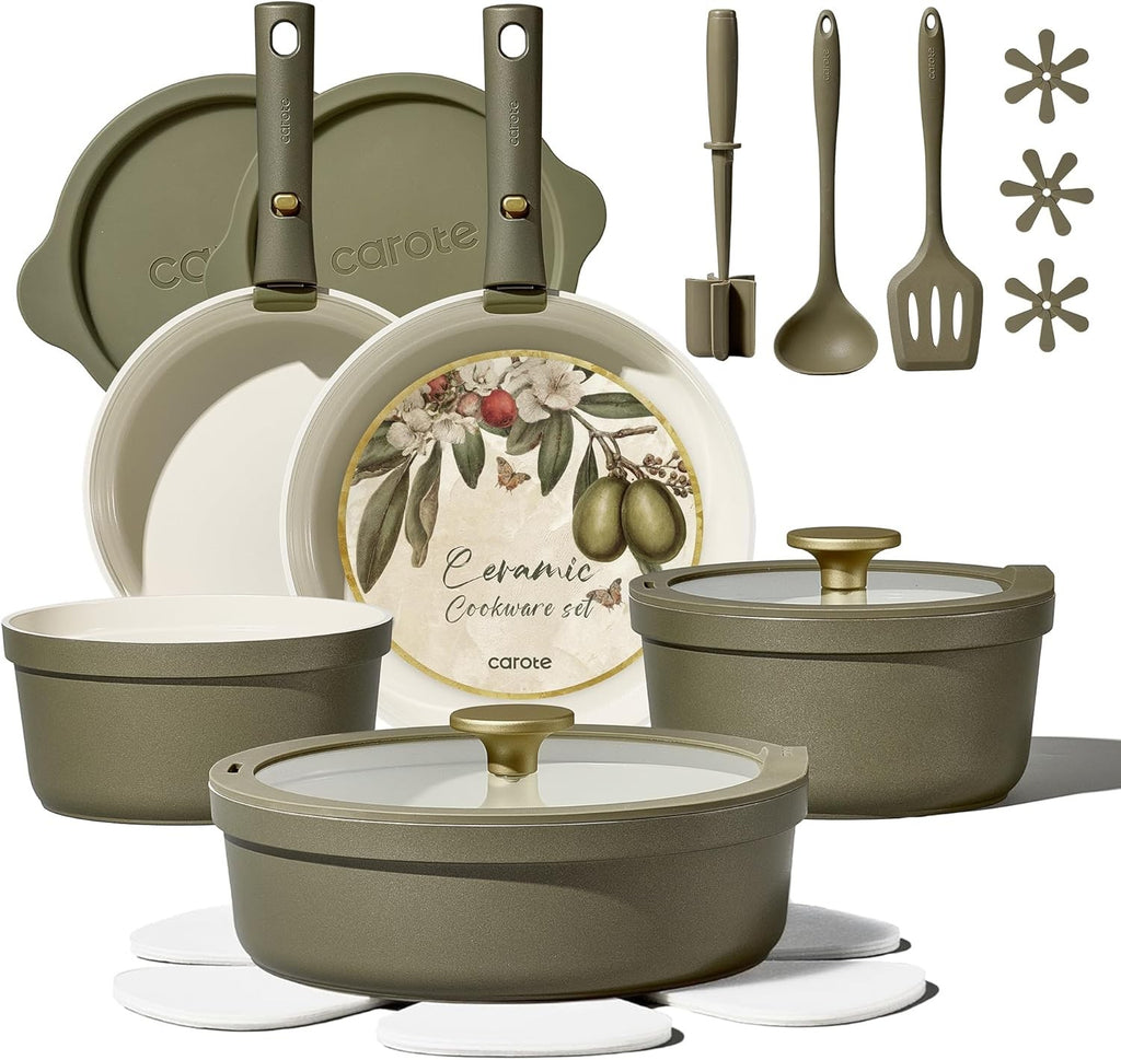 21pcs Ceramic Cookware Set with Detachable Handles, Pots and Pans Set Non Stick