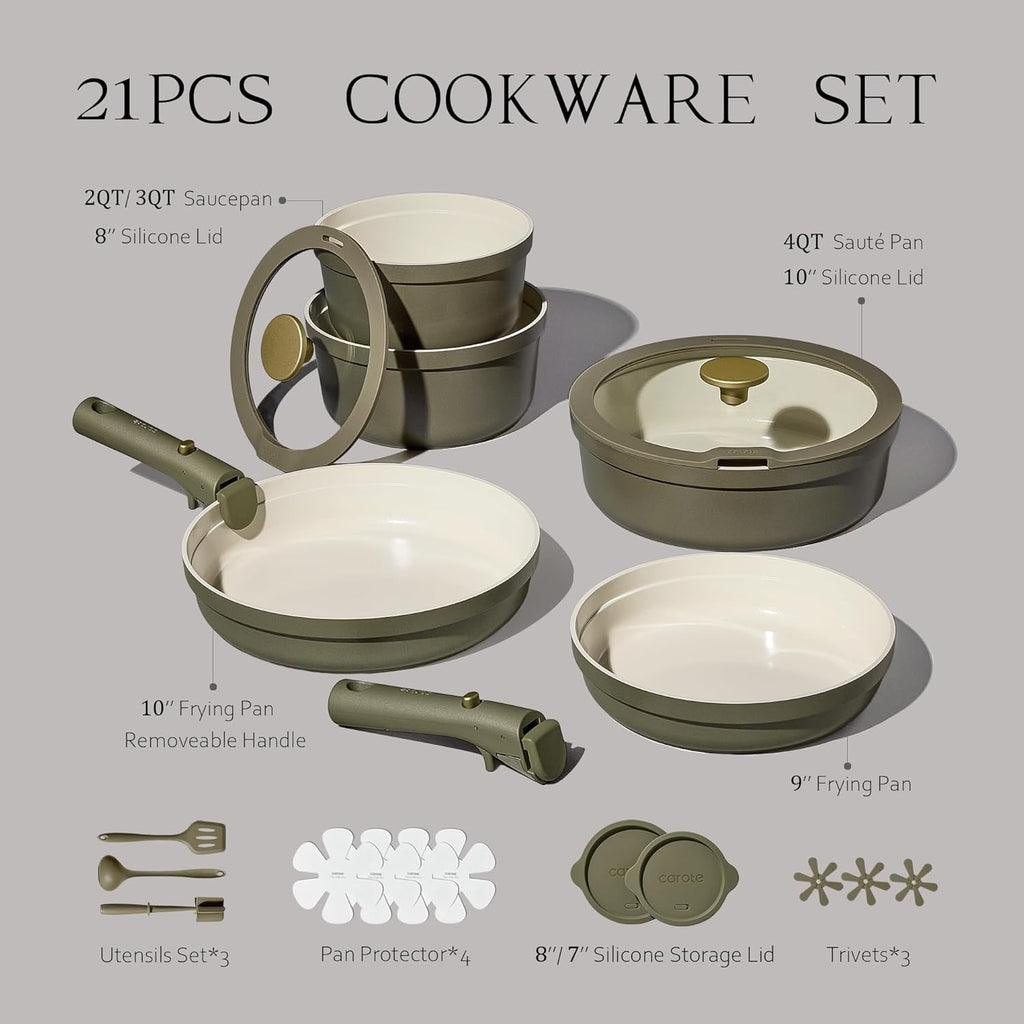 21pcs Ceramic Cookware Set with Detachable Handles, Pots and Pans Set Non Stick