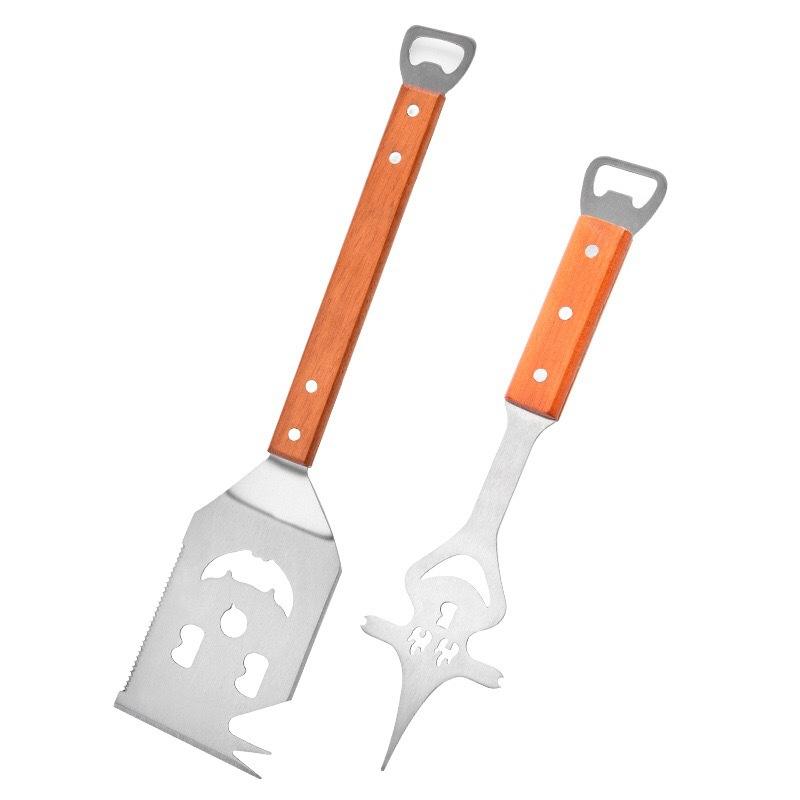 Stainless Steel BBQ Grill Tool Set with Wooden Handles, Spatula, Fork, Knife & Bottle Opener for Outdoor Cooking