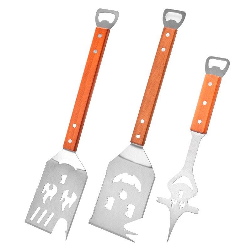 Stainless Steel BBQ Grill Tool Set with Wooden Handles, Spatula, Fork, Knife & Bottle Opener for Outdoor Cooking